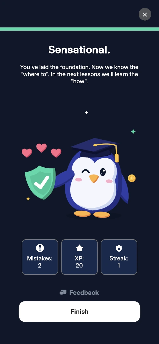 Percy app: lesson complete screen showing mistakes, XP and streak