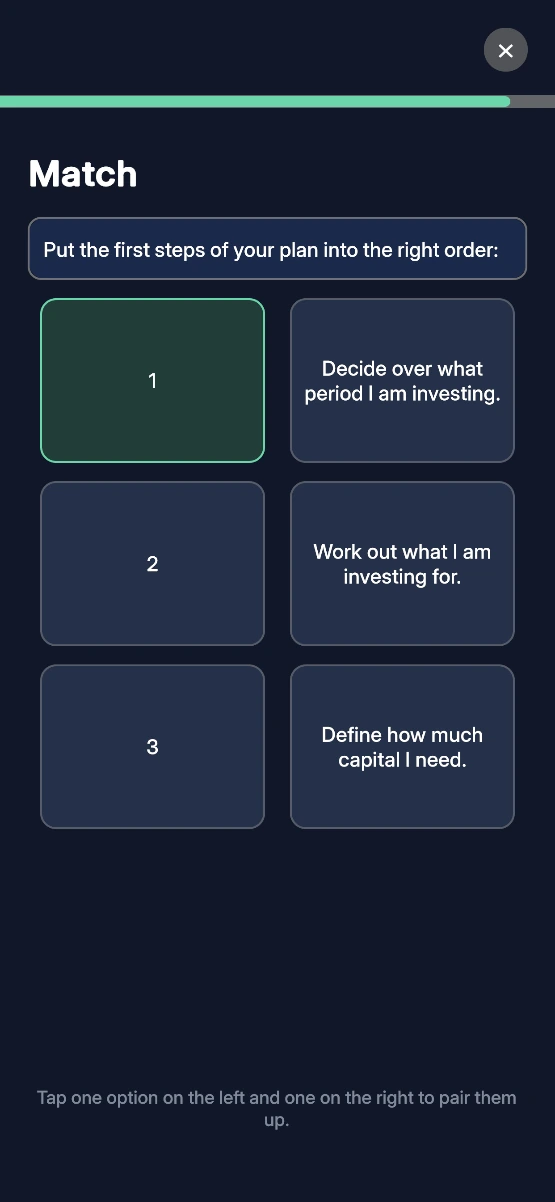 Percy app: a Match exercise pairing steps with their order