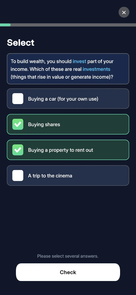 Percy app: a multiple choice question about which purchases are investments