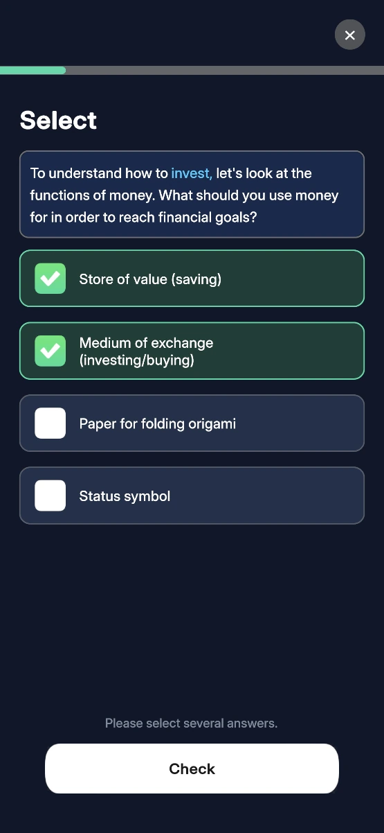 Percy app: a Select exercise about the functions of money