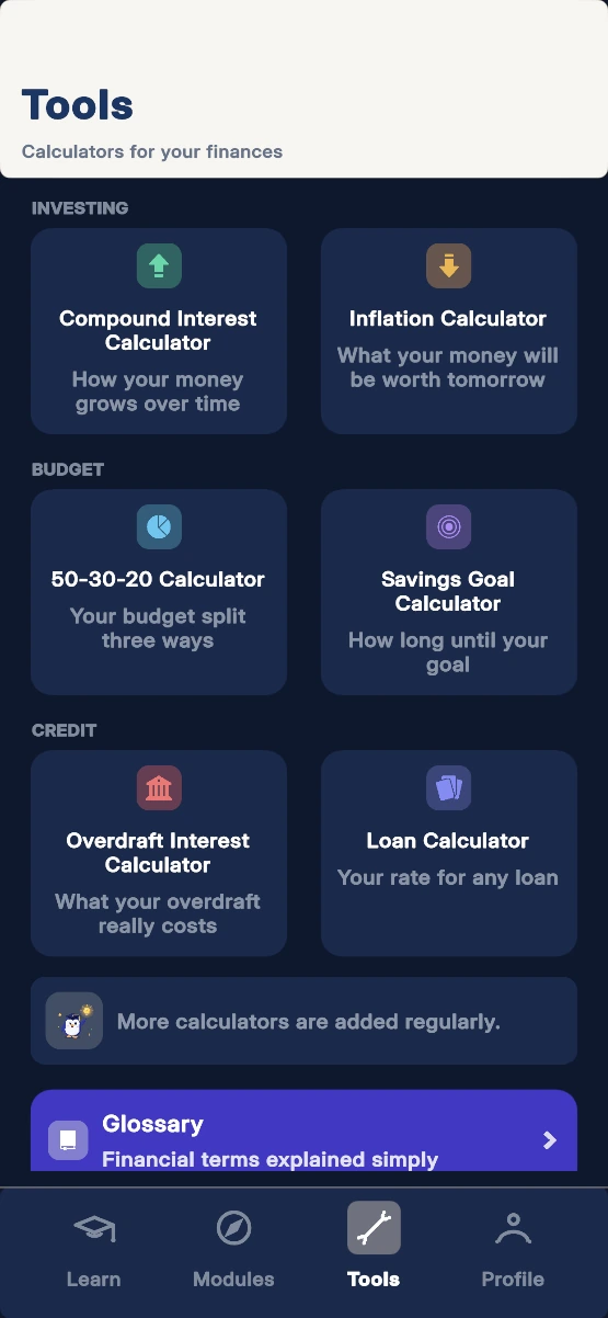 Percy app: the Tools tab with six financial calculators and a glossary